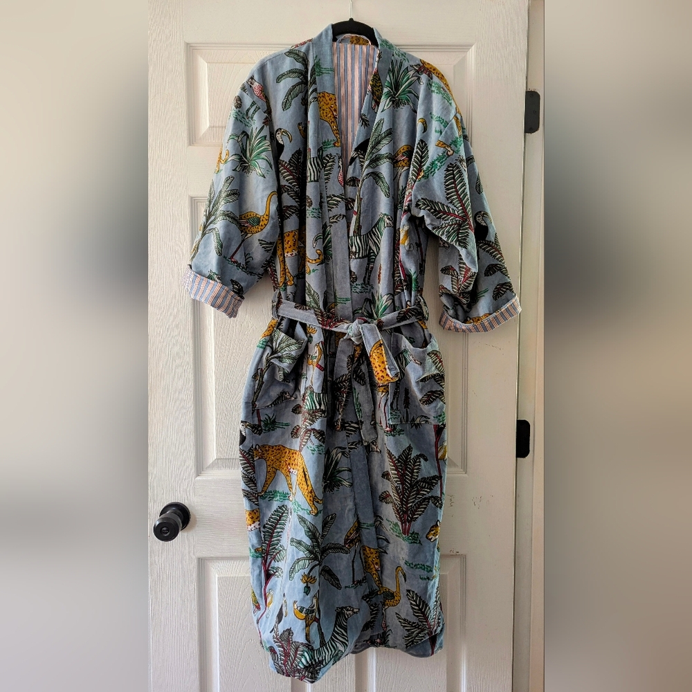 Handmade Jungle Print Long Velvet Jacket Kimono Bathrobe Boho Lined One size